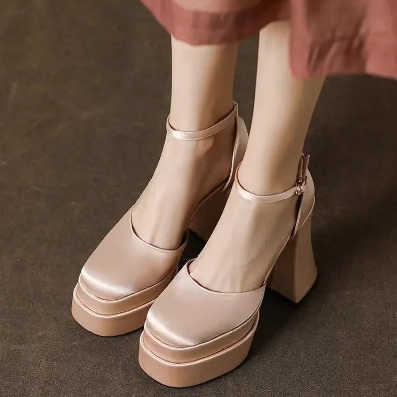 Super High Heel Party Modern Sandals Buckle Strap Square Heel 2024 High Quality Ladies Shoes Solid Shallow Fashion Sandals