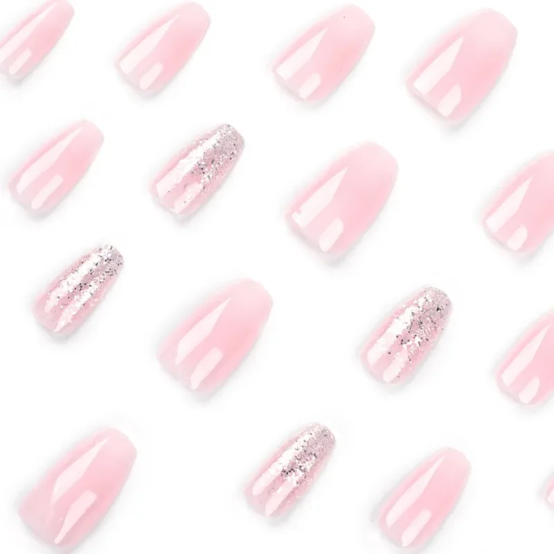 24 pçs rosa branco gradiente imprensa em unhas conjunto glitter barato ballet unhas falsas com cola reutilizáveis unhas falsas para meninas atacado