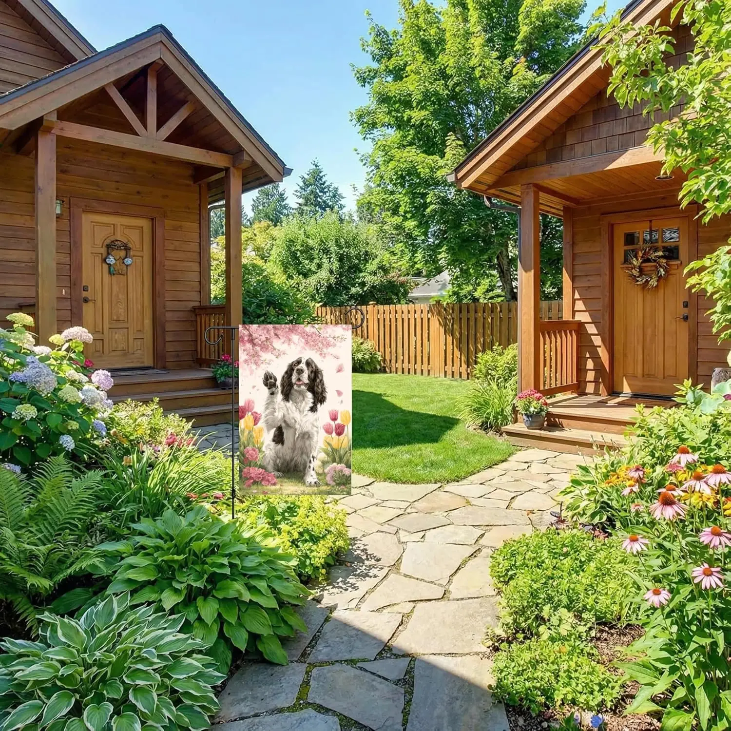 English Springer Spaniel Spring Garden Flag Cherry Blossoms And Tulips 12x18-Inch Double-Sided Linen Outdoor Summer Courtyar ZZM