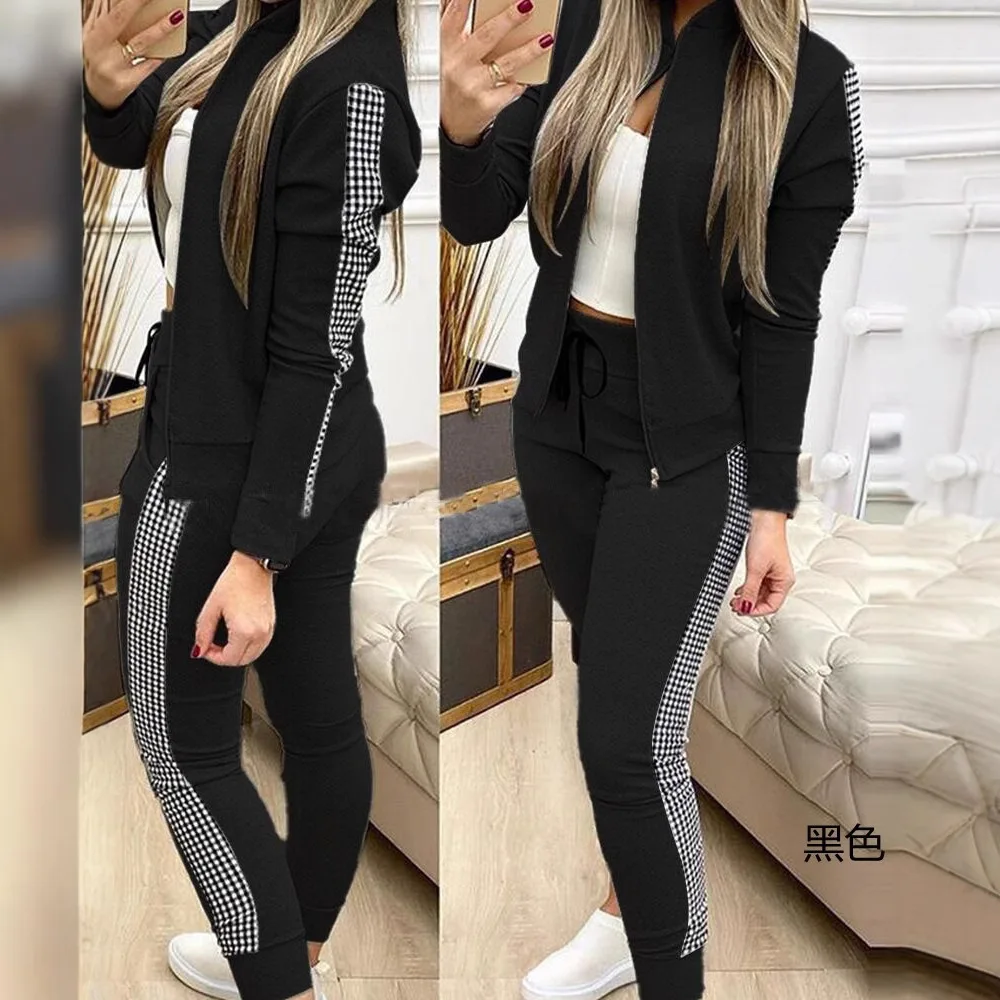 

Осень-зима 2025 г., новые модные женские длинные спортивные повседневные повседневные брюки на молнии в стиле пэчворк, клетчатый комплект, повседневные брючные костюмы