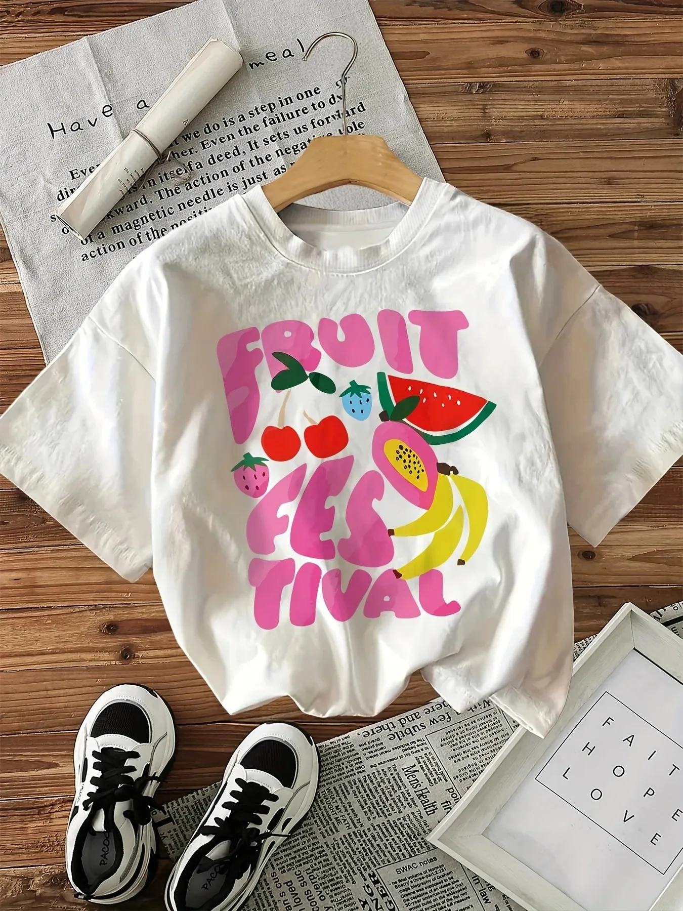 Girl's Fruit Graphic Print T-Shirt Short Sleeve Crew Neck Casual with Vibrant Fruit Illustrations Lettering Comfort Summer Top