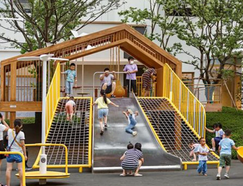 Large Wooden Corsair Play Equipment, Stainless Steel Slide, Custom Kids Play Equipment, Climbing Drill Holes