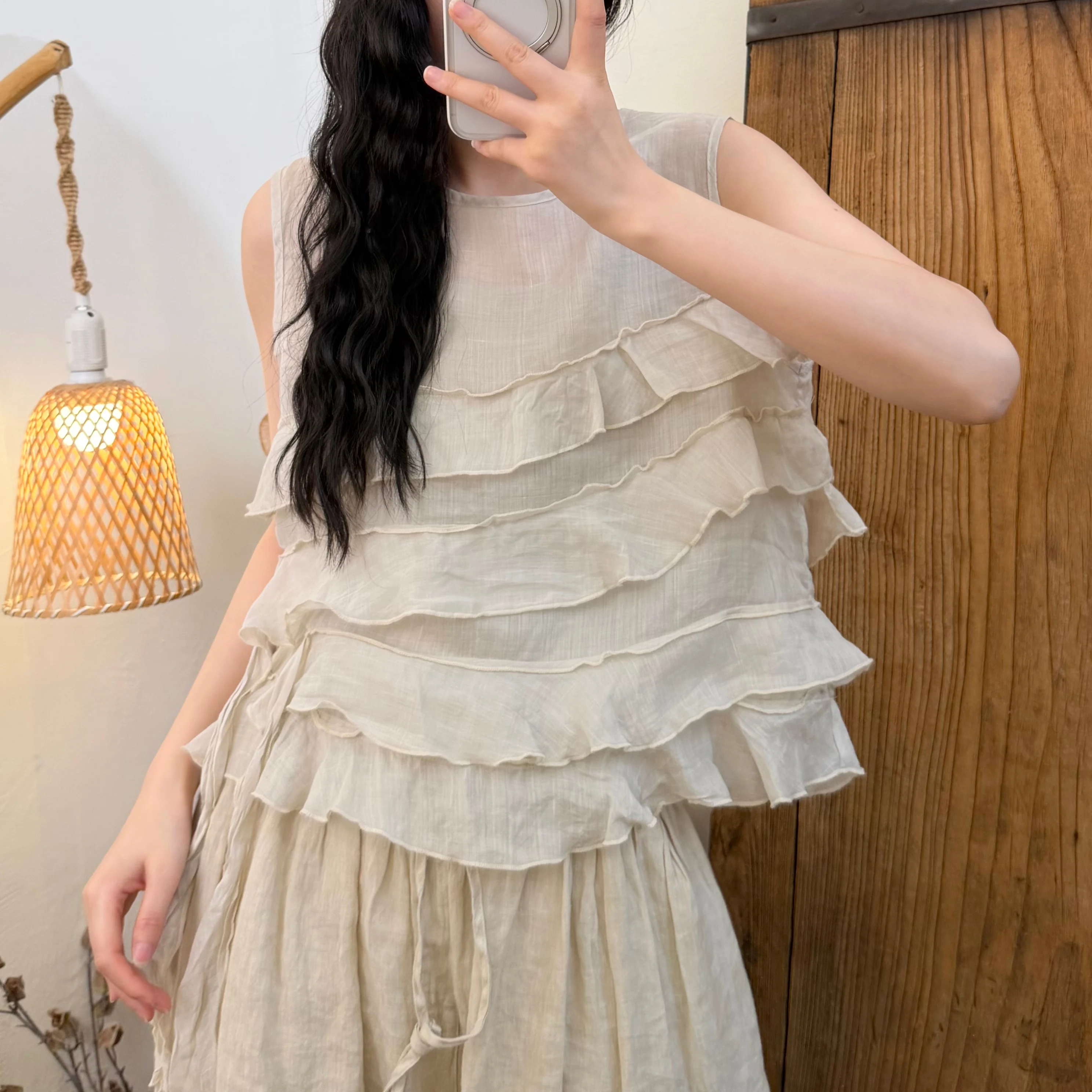 

2026 Summer New Design Ethereal Ramie Tank Top With Ruffled Hem And Tie Straps Top XY340