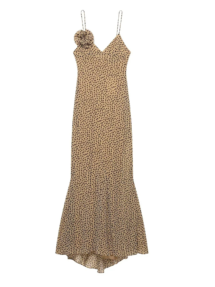 

European style new women's fashion versatile temperament flower decoration polka dot suspender dress