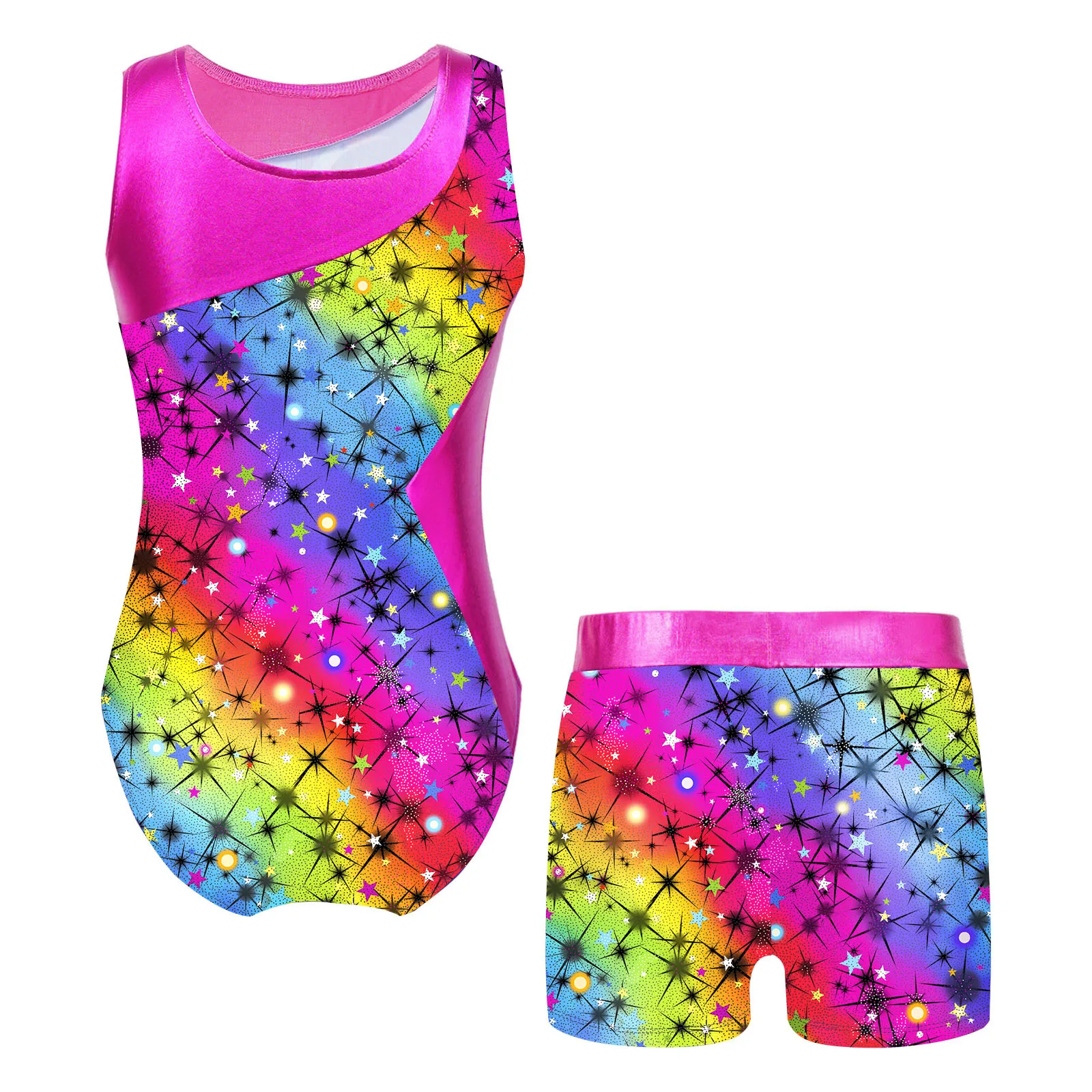 Kids Girls Ballet Dance Leotard Gymnastics Bodysuit Jumpsuit with Shorts Set Rainbow Print Ballet Dance Performance Outfits