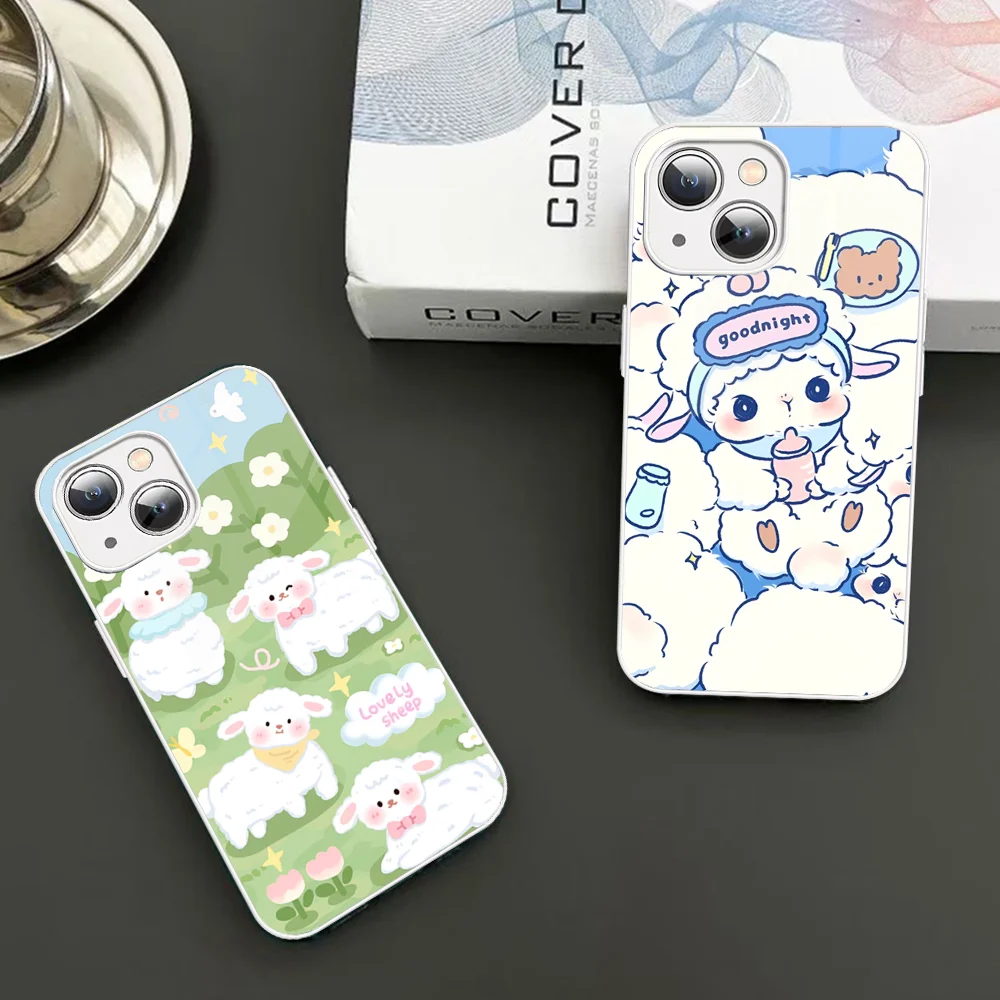 Cute Cartoon Little L-Lamb Phone Case Tempered Glass For Iphone 14 13 12 11 Pro Mini XS MAX 14Plus X XS XR Fundas