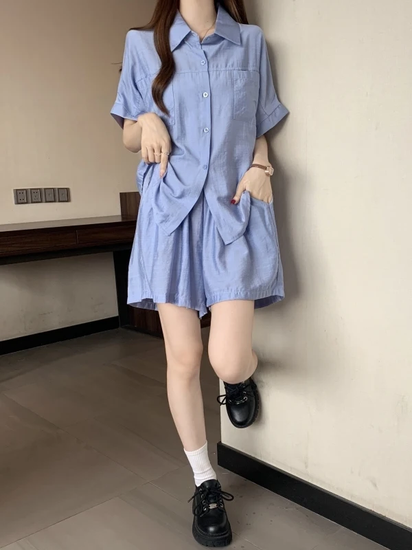 

plus Size Slimming Set Women's Summer Fashion Casual High-End Hong Kong Style Shirt Wide Leg Shorts Two-Piece Set for Plump MM