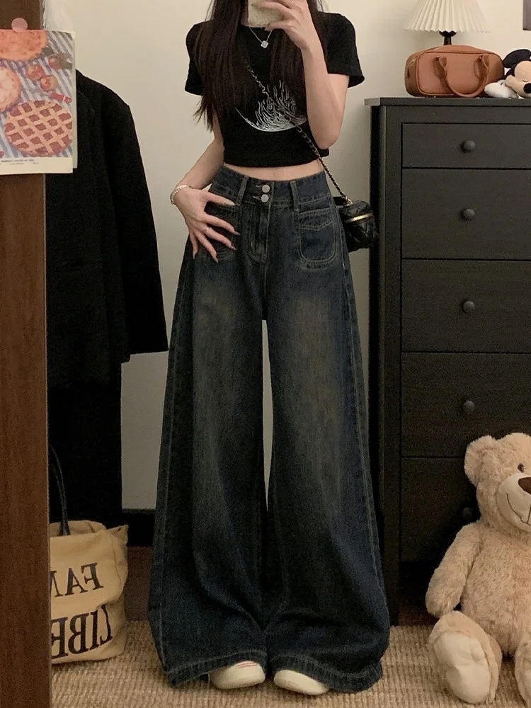 

High Waist Wide Leg Jeans Women's Spring 2026 Double Buckle Loose Straight Slimming Floor-Length Pants Casual Business Wear