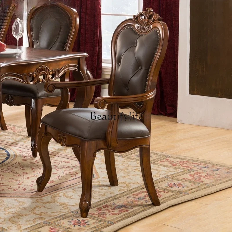 

yj19 American Style Solid Wood Dining Room Leather Armchair Study Room European Style casual Cowhide Backrest Chair