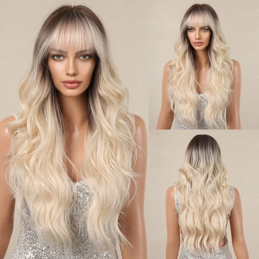 Long Wavy Synthetic Wigs Brown Ombre Blonde Hair Wigs with Bangs for Women Daily Use Heat Resistant Cosplay Wig