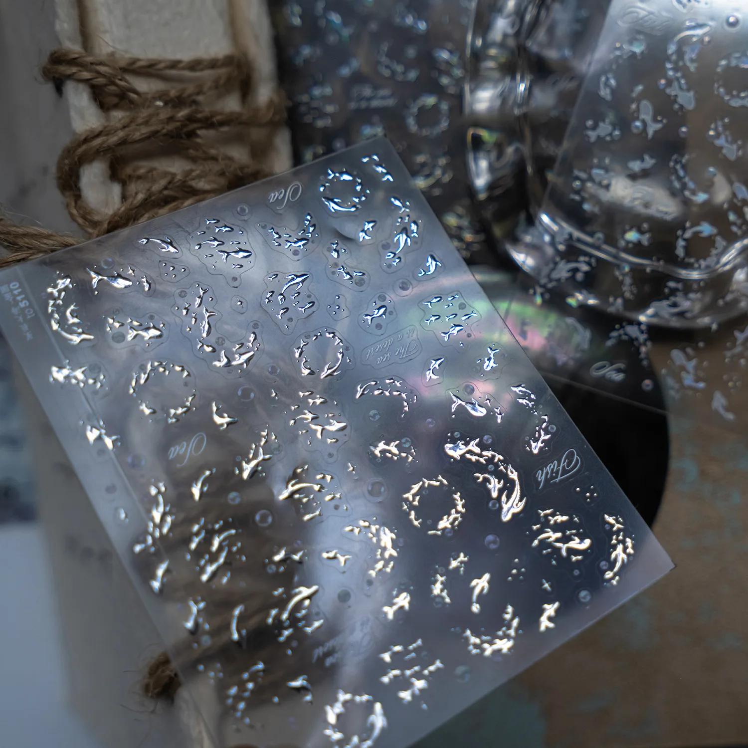 Laser Silber Sternen Meer Delfine Nail art Aufkleber 5D Metall Shell Licht Kleber Nagel Dekorationen Aufkleber DIY Maniküre Aufkleber