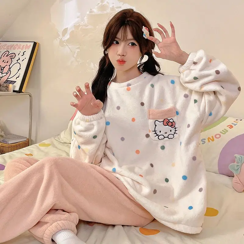 

Sanrio Hello Kitty Women Warm Plush Pajamas Set Anime Kawaii Kt Winter Homewear Cute Thicken Girls Cartoon Nightgown Tops Pants