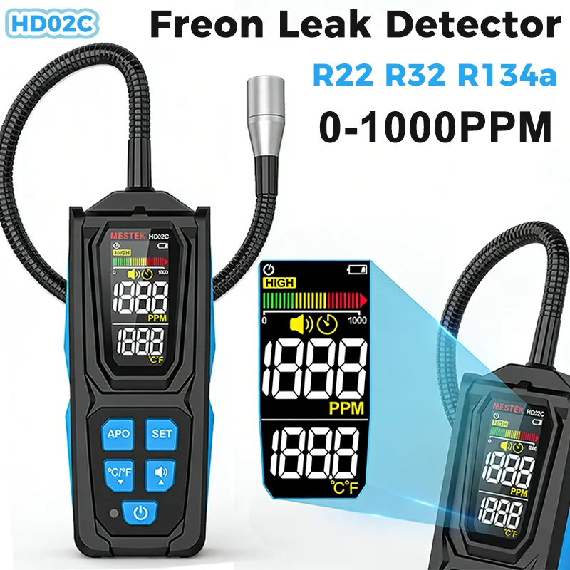 HD02C Freon Leak Detector High Sensitivity Halogen Leak Detector R22 R32 R134a Refrigerant Gas Monitor HVAC Tester Triple Alarm