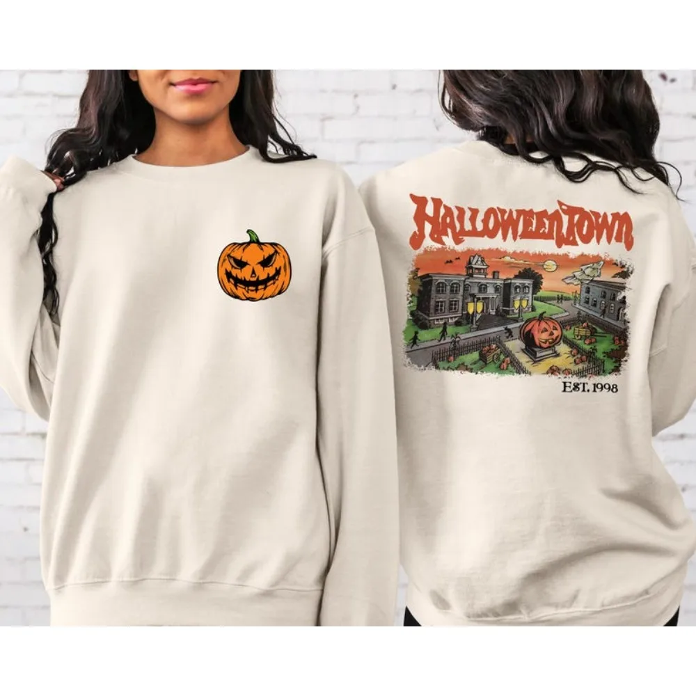 Retro Halloweentown Est 1998 Front and Back Printed Halloween Town Women Sweater Halloweentown University Fall Long Sleeve Hoody