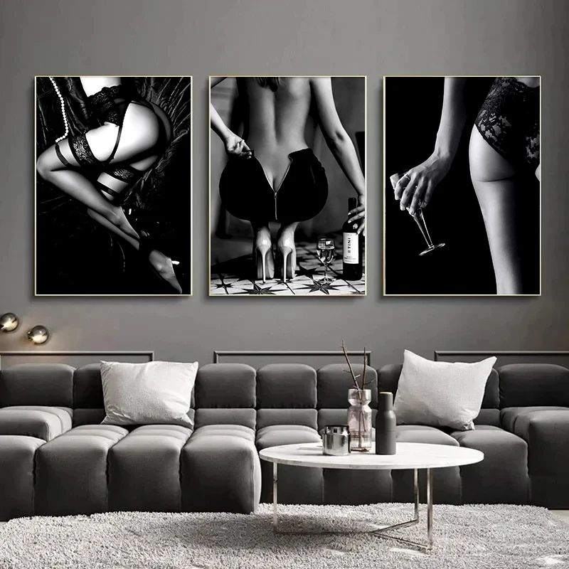 Vintage Black and White Sexy Woman Drinking Smoking Poster Photography HD Picture Canvas Paintings for Living Room Home Decor view 2