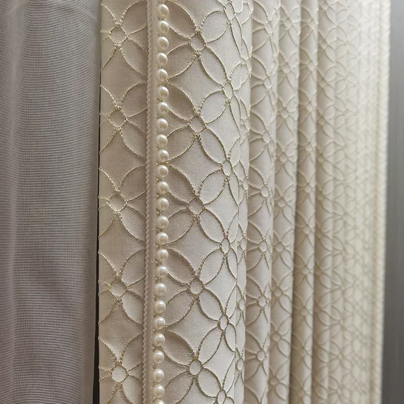 French Luxury Cream Curtain for Living Room Bedroom High-precision Embossed Four-leaf Flower High-end New Blackout Custom