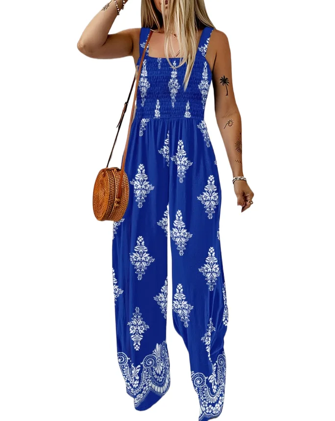 

Women's Fashionable Jumpsuit With Suspender Print Pocket For Spring Summer Casual Daily Sleeveless Backless Wide Leg Jumpsuit
