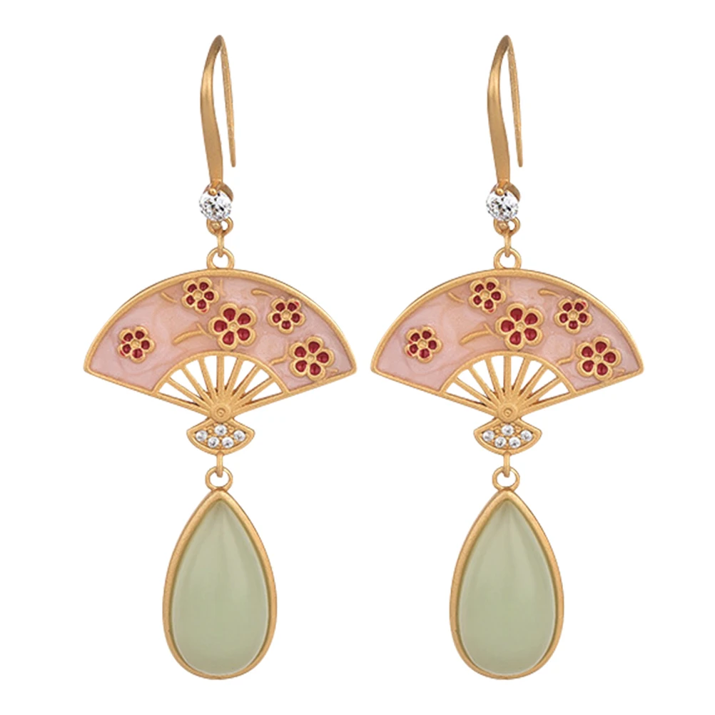 

Vintage Court Fan Earrings Women Gold Plated Artificial Gemstone Jewelry Ear Decor Drop Hetian Jade Pendant Charm Accessories