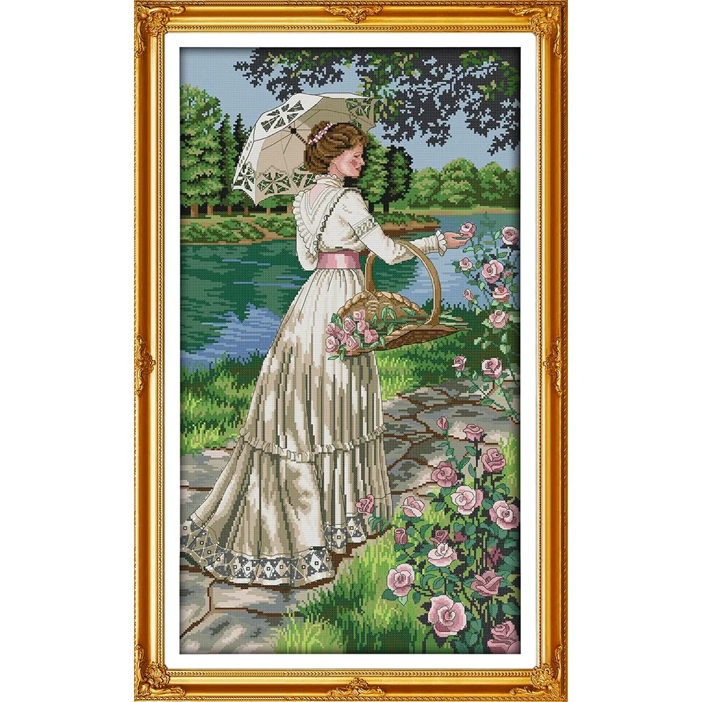 

Joy Sunday New Stamped Cross Stitch Kit,11/14/16CT DIY Easy Pattern Aida Fabric Embroidery Set-Picking Flowers