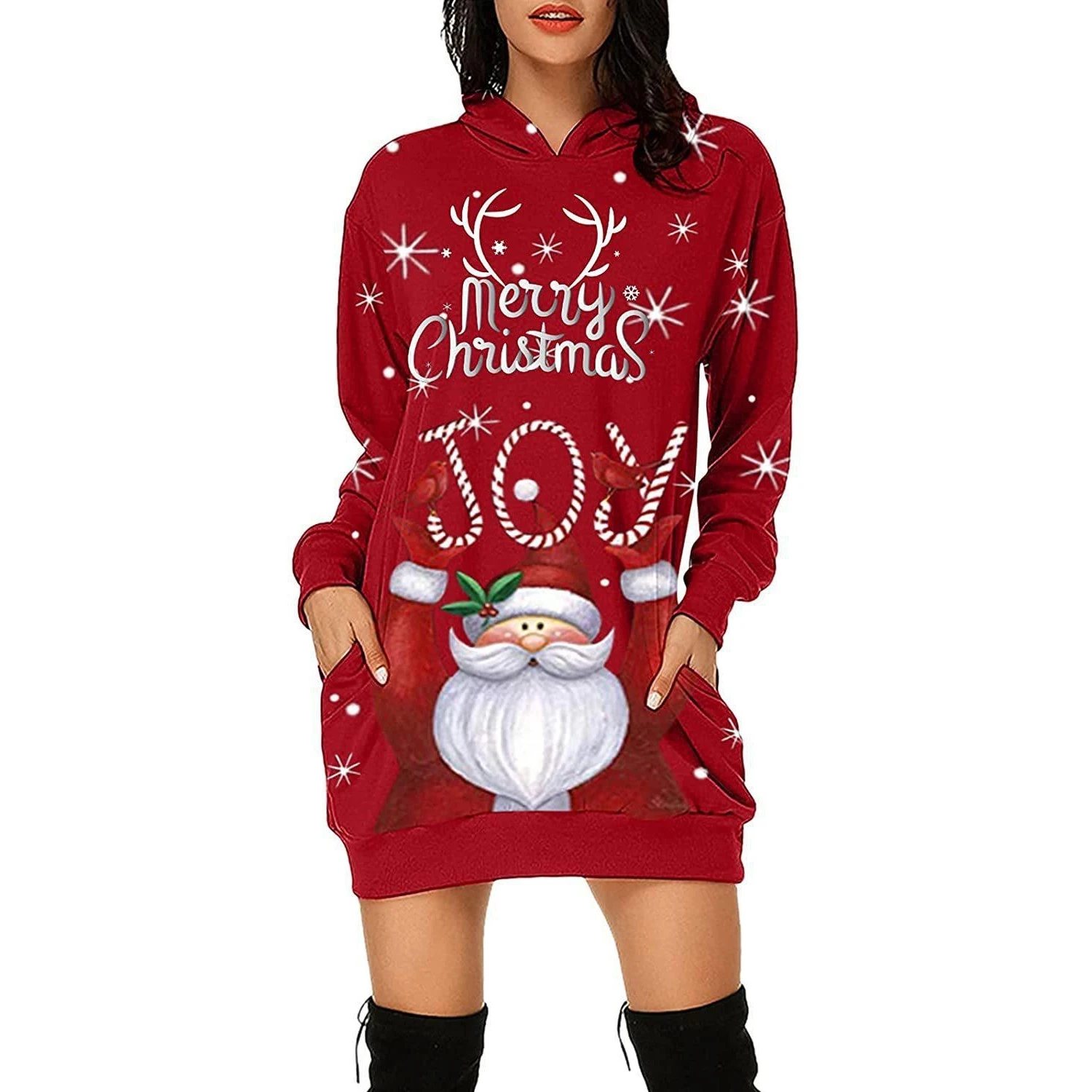 2024 Europäisches und amerikanisches Damen-Kleid mit langen Ärmeln und Kapuze, Herbst, neues Weihnachtsmann-bedrucktes Kapuzenkleid
