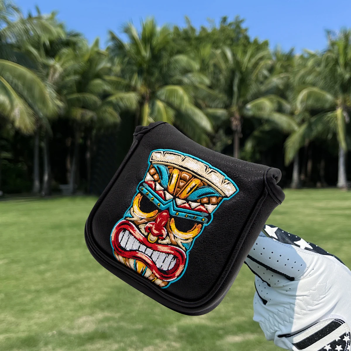 Tiki Island Golf Mallet Putter Cover, Headcover with Magnetic Closure, Elegant Embroidery, Premium Lea