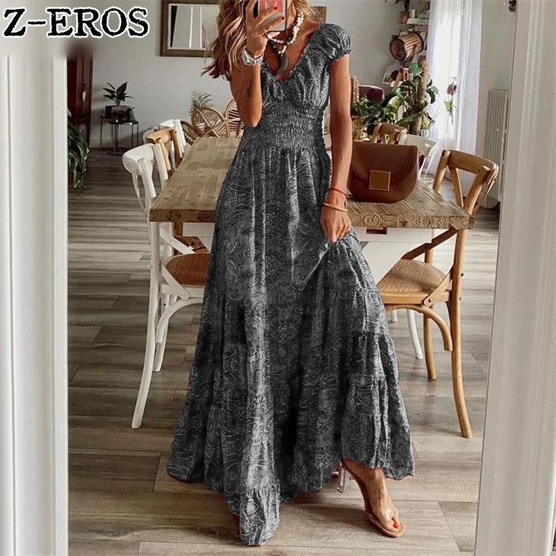 Z-EROS Vintage Bohemian Long Dress Elastic Waist Fragmented Flower Print Large Swing Short Sleeve V-Neck Slim Fit Pleated Dress