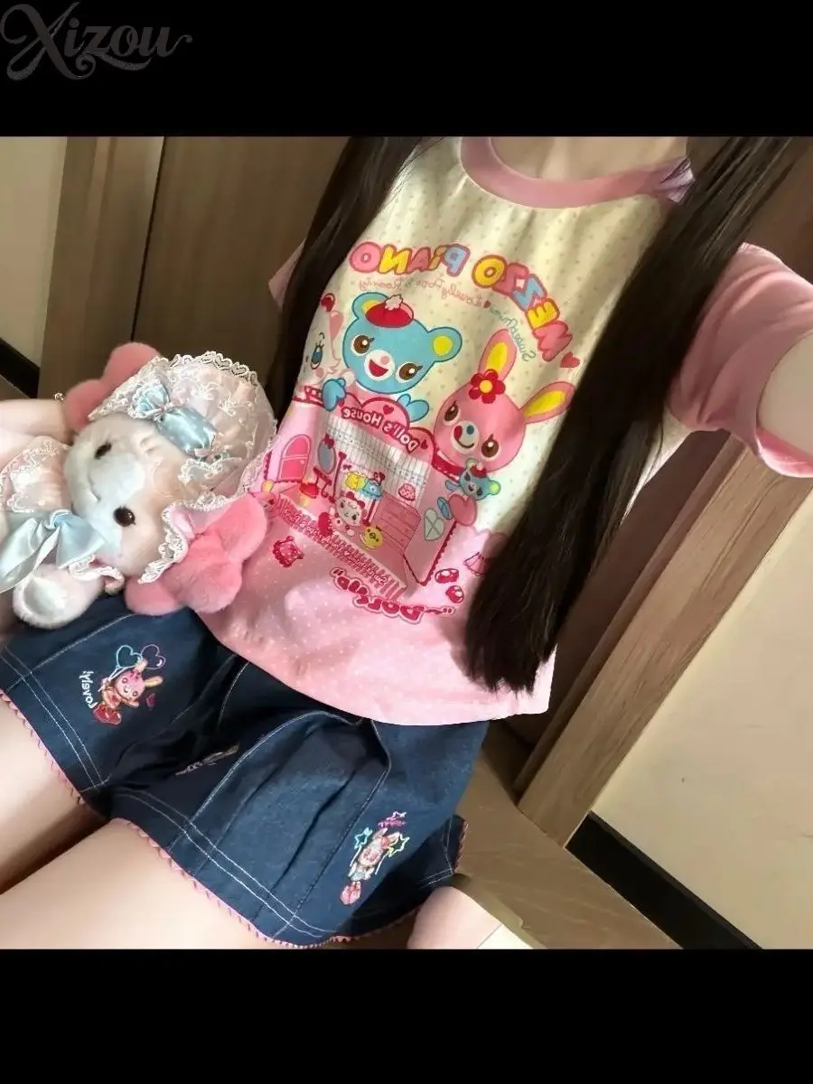 

Japanese Cartoon Shirt Color Block Short Sleeve Tee Sweet Soft Girl Loose Round Neck Summer Top Rabbit Bear T-shirt Summer 2026