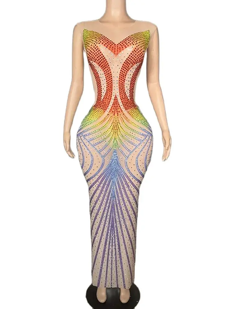 High Quality Color Rhinestone Elastic Sexy Hip Hugging Dress 2024 New Fashionable Custom Women'S Clothing