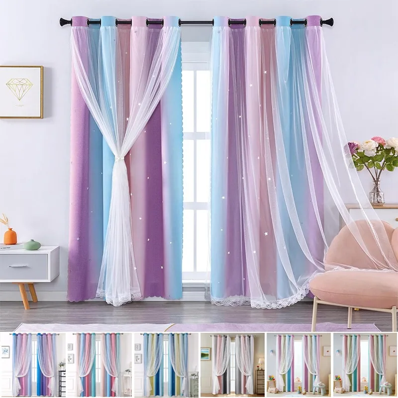 

Modern Gradient Double Layer Blackout Curtains Star Hollow Out Grommet Curtain for Living Room Bedroom Kids Room Home Decoration