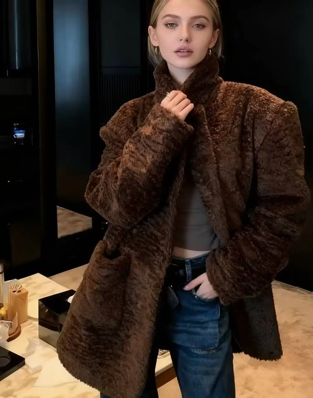 

Wool Blend Coats Womens Woolen Coat Cotton Added Fall Brocade Embossing Adjustable Elasticized Waist Foldable Raglan Sleeve Chic