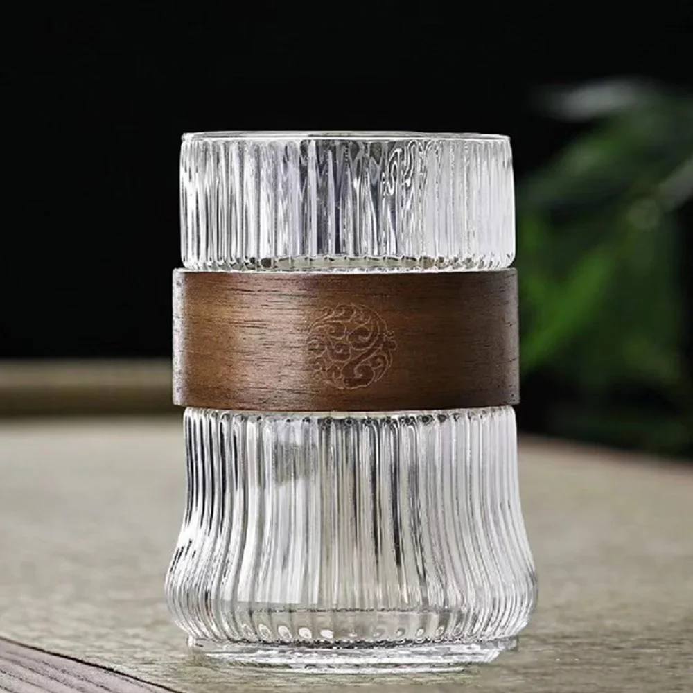 

400ML Japanese Style Glass Water Cup with Walnut Cup Sleeve Coffee Milk Tea Cup Simple Striped Beer Mug Drinkware Coffeeware