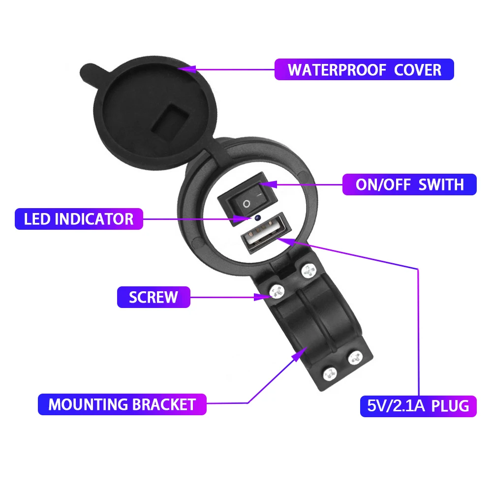 12V Car USB Charger Motorcycle USB 2.0 Slot Charger with Switch Socket Plug Adapter Motorbike Phone Charger Waterproof