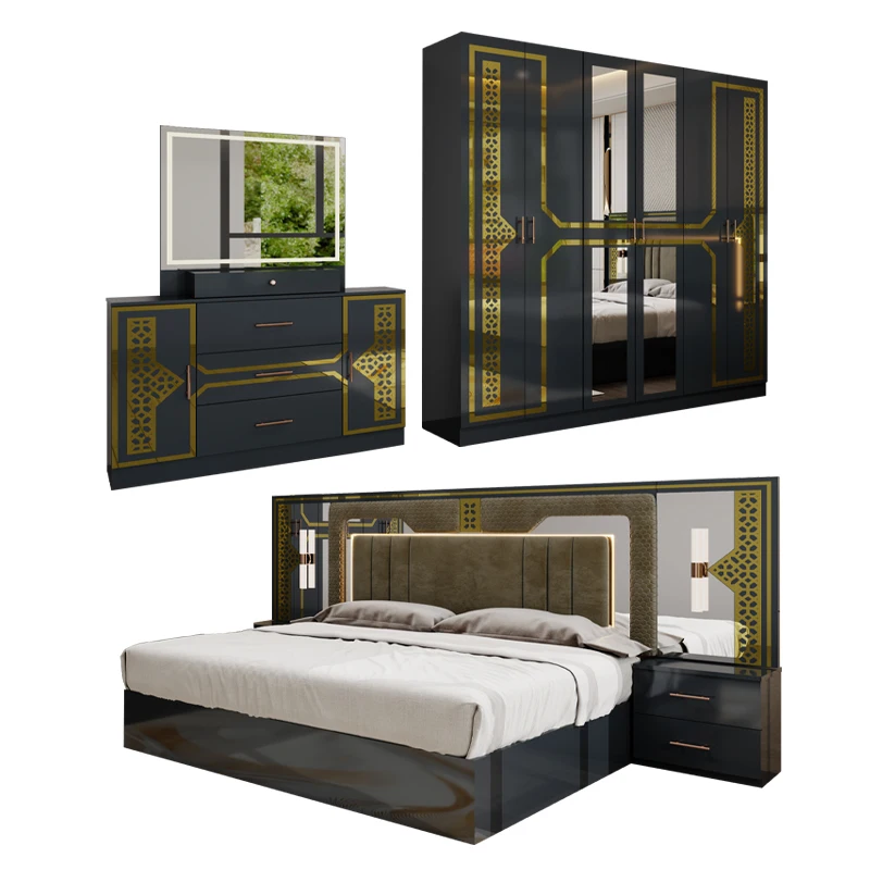 

&Turkish Chambre a Coucher Complet Bedroom Sets king Size Bed Home Room Double Wooden Frame Modern Luxury Bedroom Furniture Set