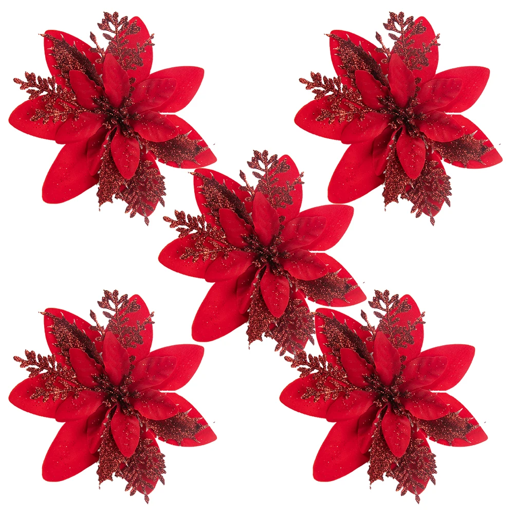 5/10Pcs 15cm Glitter Red Christmas Flowers Artificial Poinsettia Flower Ornaments 2024 Christmas Decoration For Home New Year