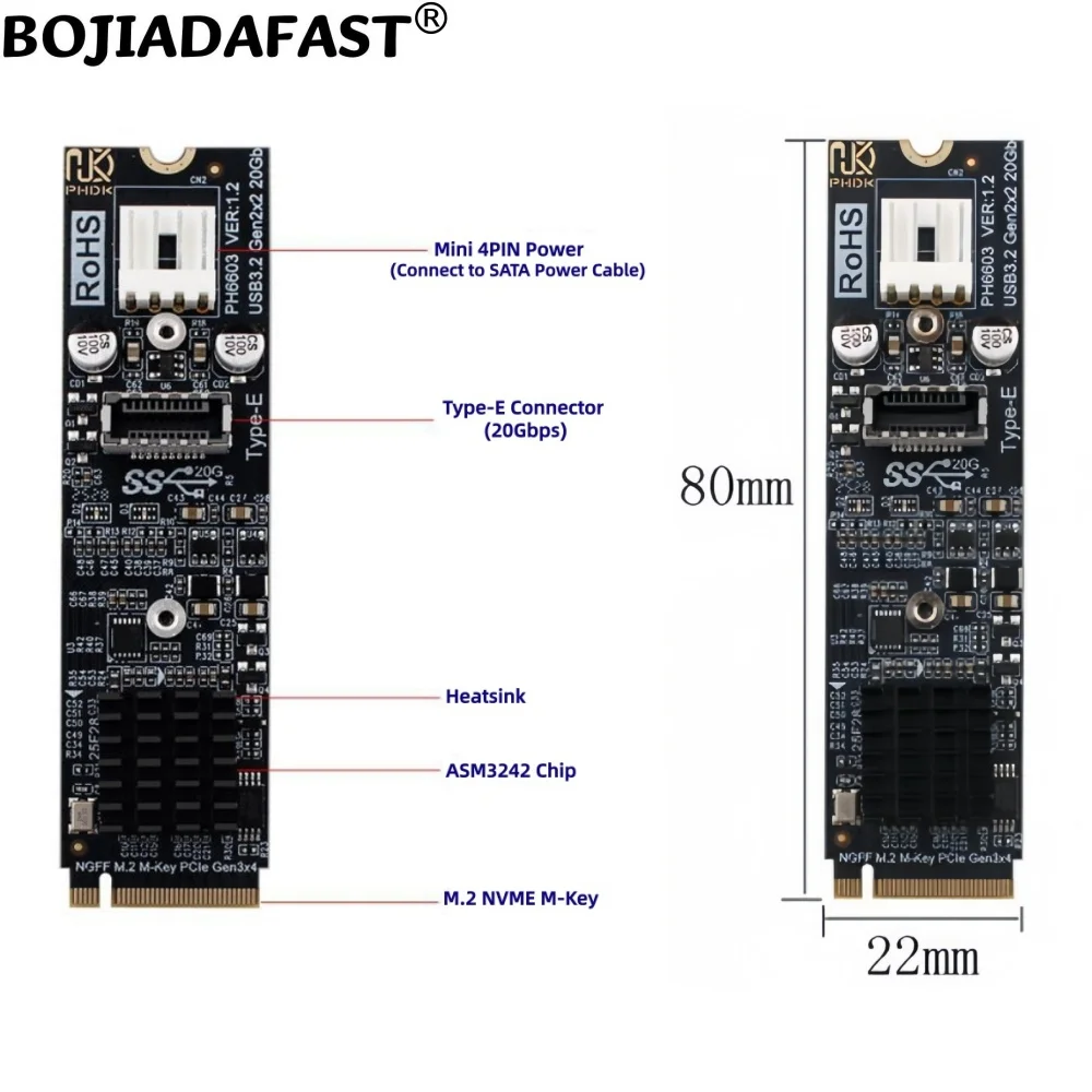 20Gbps USB 3.2 Type-E (Front Type-C) Connector to 2280 NGFF M.2 NVME M-Key Interface Adapter Expansion Riser Card ASM3242