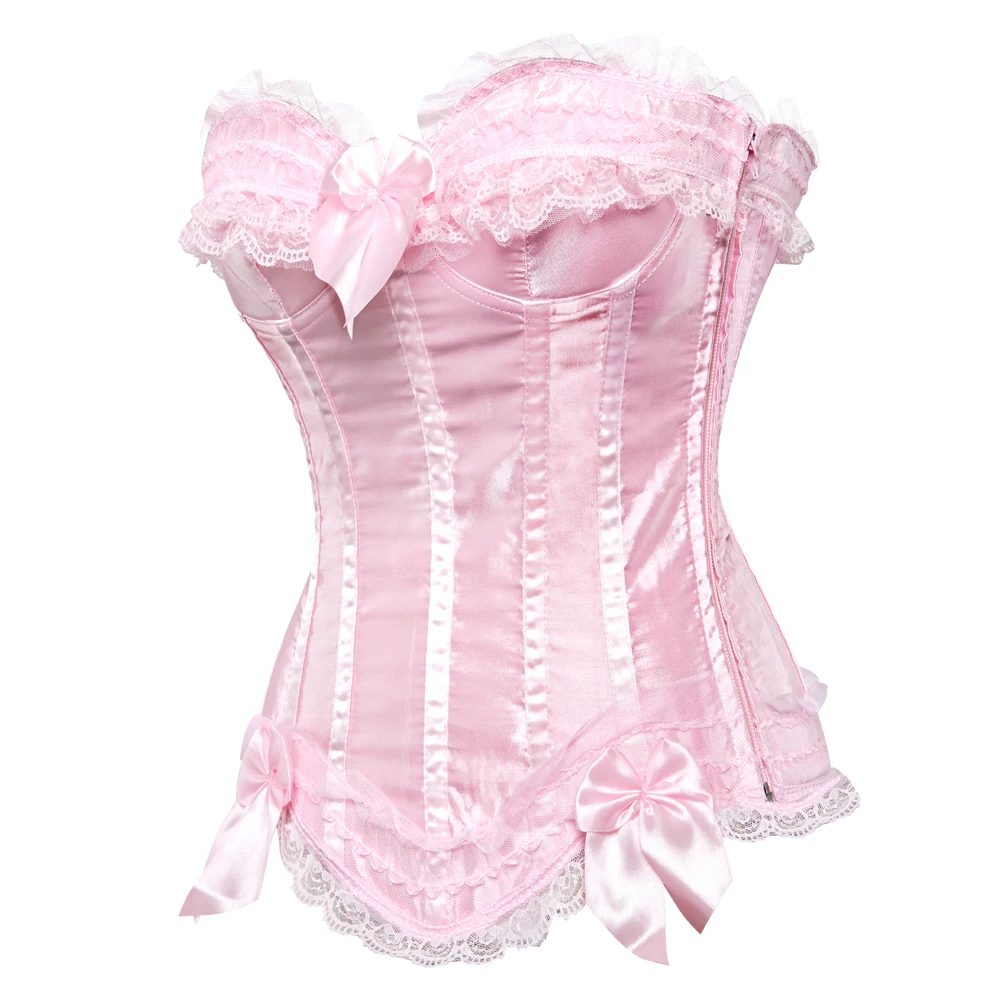 Sexy Lace Overbust Corset Top Women Vintage Satin Bow Bustier Lingerie With Zipper Plus Size Body Shaper Burlesque Corsets