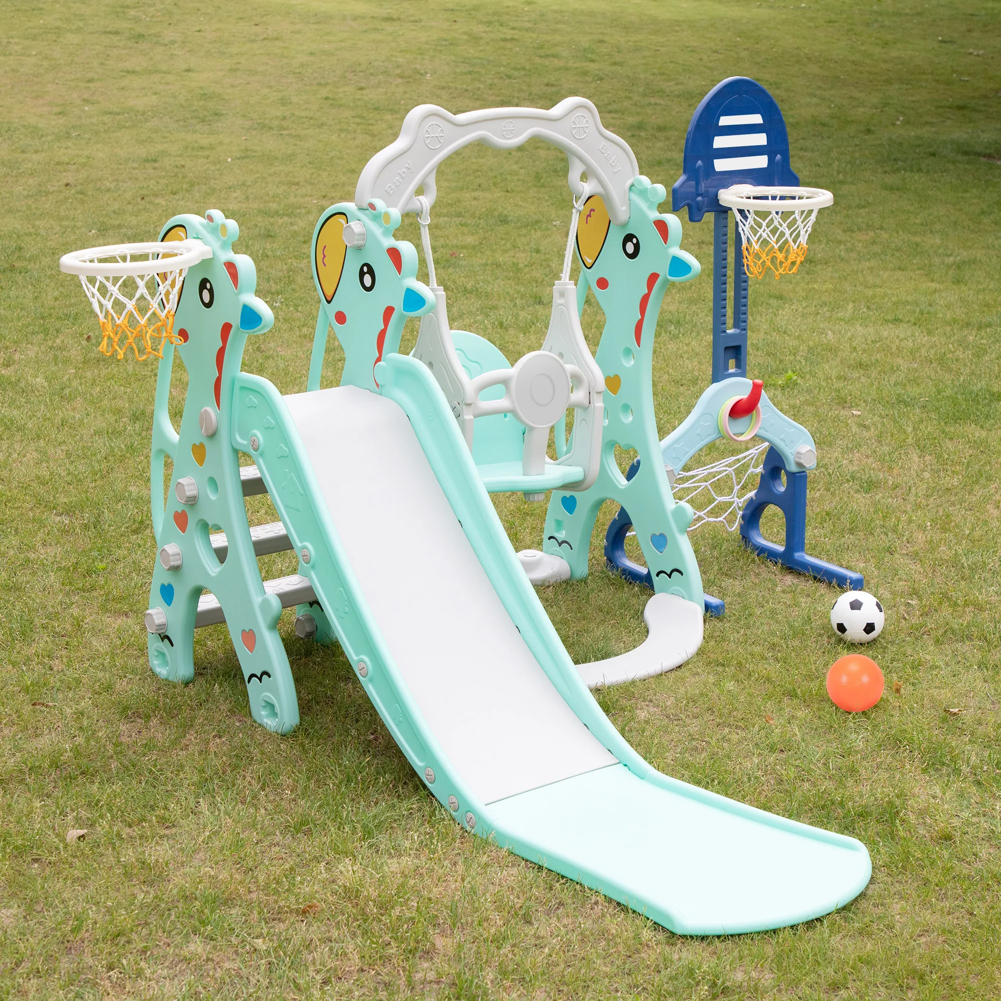 Slide e Swing Playing Set para criança, Slide extra longo com 2 aros de basquete, futebol interno e externo, 5 em 1