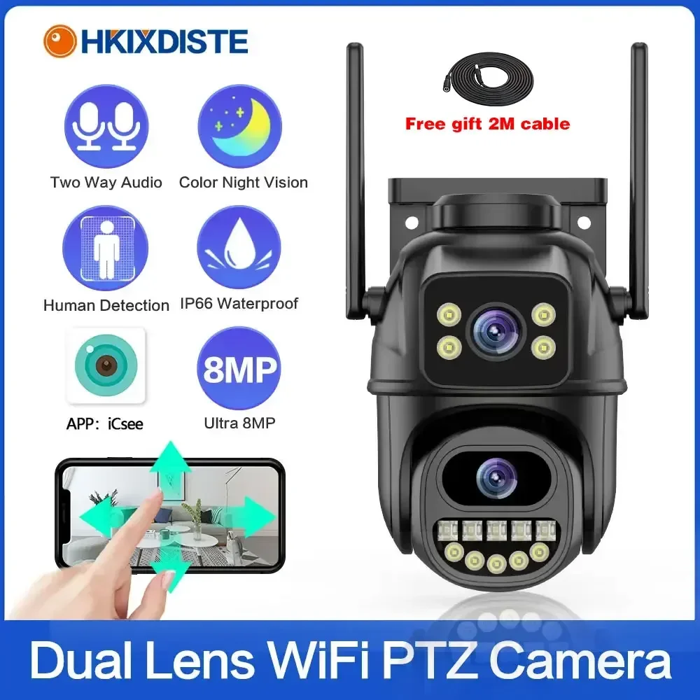 Dual Lens 4K Wifi IP Security Camera Outdoor Auto Tracking Wireless PTZ CCTV Surveillance Camera 8MP Color Night Vision IP Cam