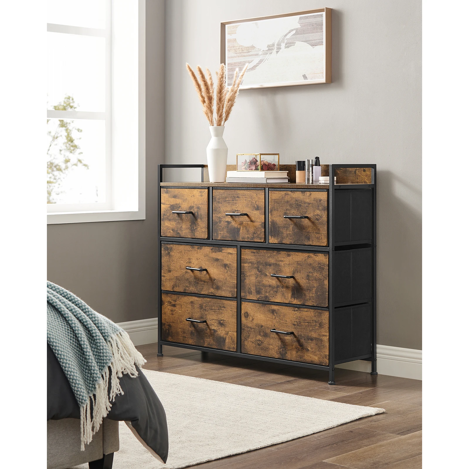 SONGMICS Chest of Drawers, Bedroom Cabinet, 7 Fabric Drawers with Handles, Metal Frame, Rustic Brown and Ink Black