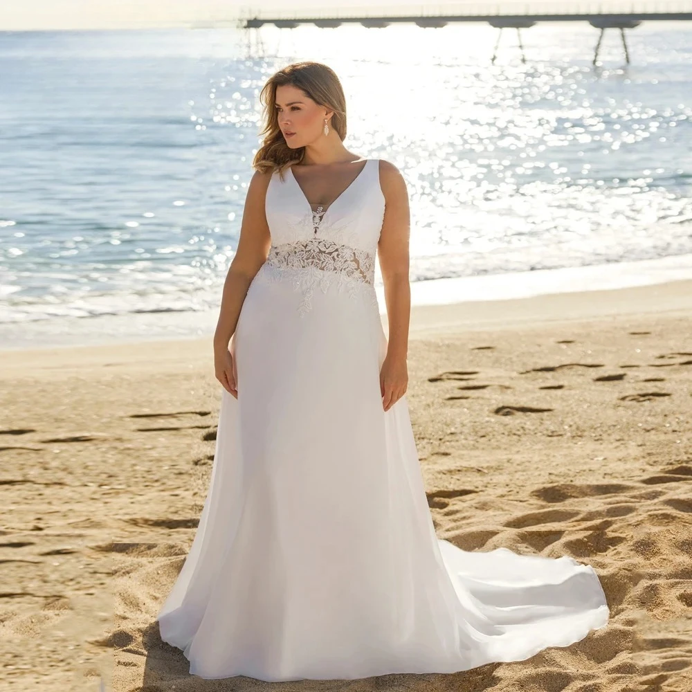 Beach Wedding Dresses Plus Size Deep V Neck Sleeveless Bride Gowns Appliques Back Button Sweep Train A-Line Vestido De Noiva