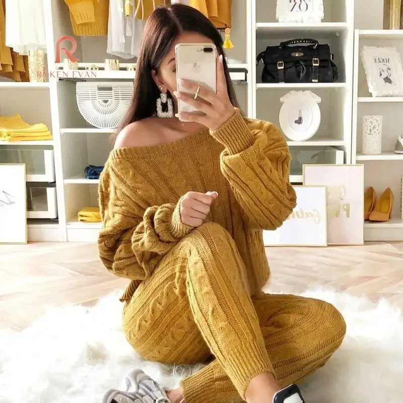 Roken Evan 2024 Autumn Winter Women's Fashion Solid Color Sweater Female Mercerized Cotton Soft Slim Casual Sports 2-Piece Sets