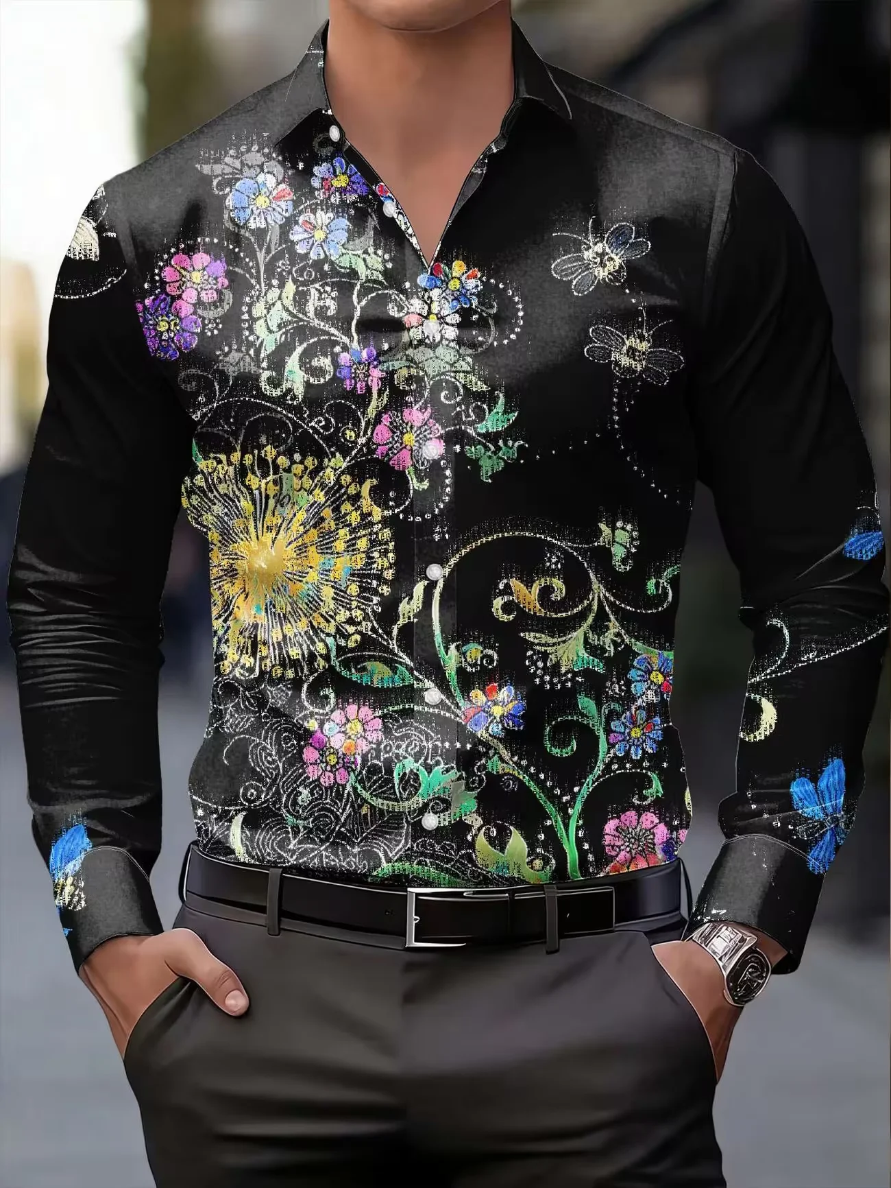 New yellow daisy contrasting print men's long sleeved shirt, fresh summer style slim fit casual shirt