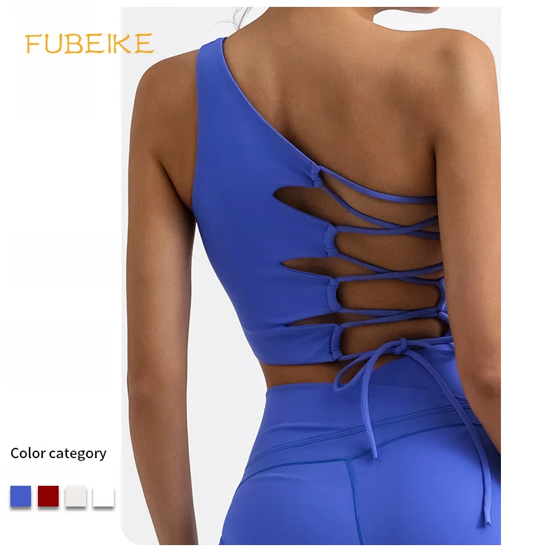 

FUBEIKE Gym Tops Sexy Bra Women Yoga Vest Irregular Shoulder Beauty Back Lace-up Nude Feel With Chest Pad Sport Yoga Wear Ladies