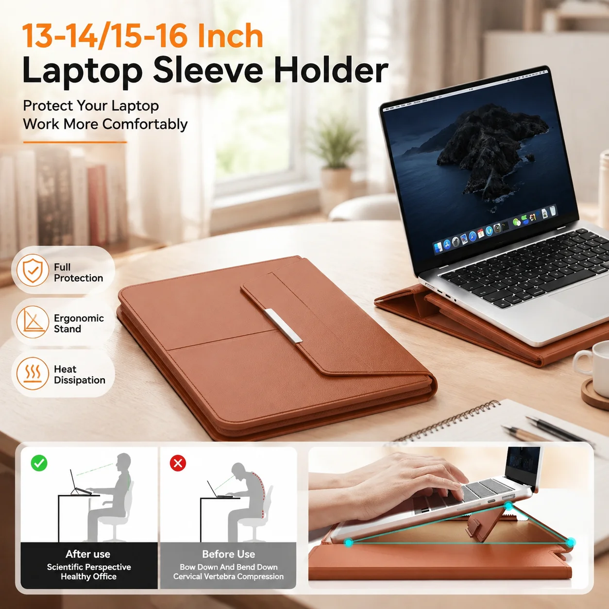 13-14/15-16 Inch Laptop Sleeve Holder Automatic Closing Multifunction Carrying Pouch with Stand Leather for Macbook Air