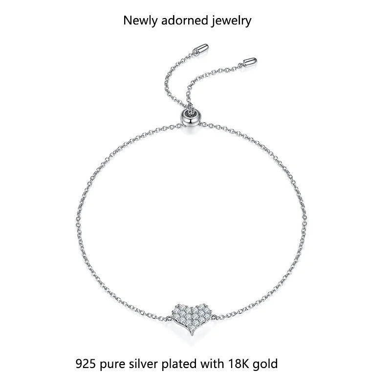 

Adjustable fashion heart-shaped bracelet for women, S925 sterling silver, D color, 1.7/1.5mm moissanite plating, OEM customizati