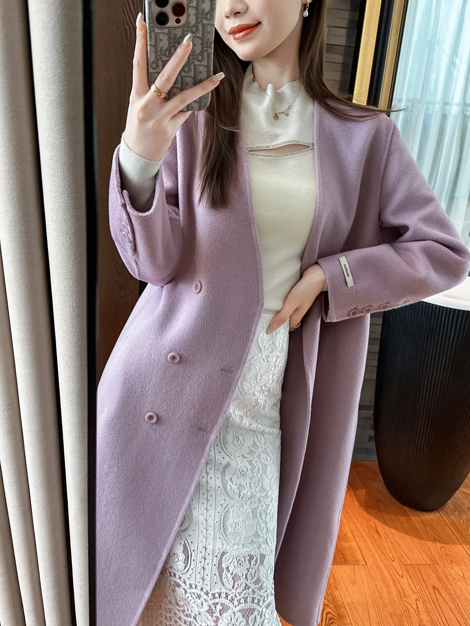 

Элегантное шерстяное пальто для женщин, V-образный вырез, средней длины, однобортное, фиолетовое, осенне-зимнее, модное, для повседневной носки