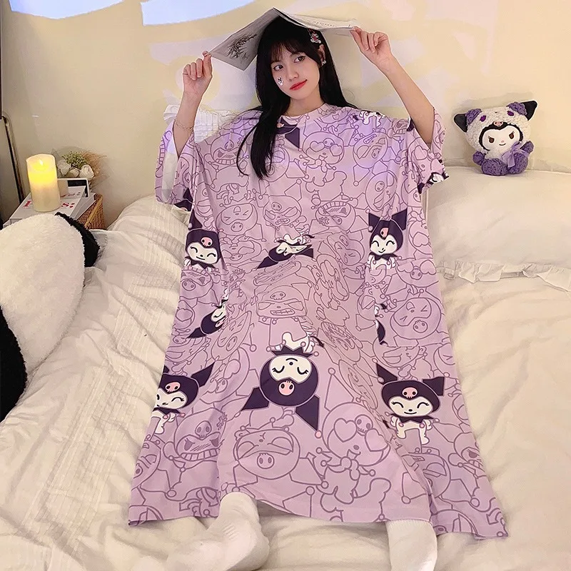 Kawaii Sanrioed Kuromi Hangyodon Pochacco Printed Women\'s Loose Fitting Nightgown Cute Round Neck Short Sleeved Home Clothing