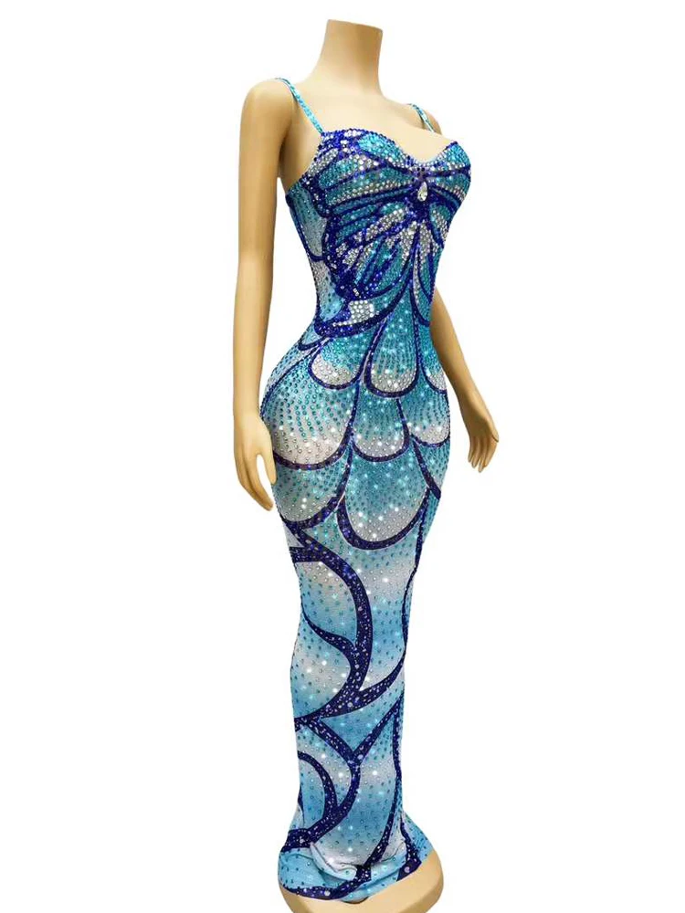 Abito lungo da sera da donna Sexy senza maniche con strass blu Party Club Bar Sing Dance Wear Drag Queen Stage Performance Costume