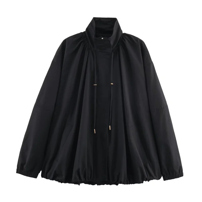 

New European and American Women's Fashion Hem Pleated Stand Collar Bomber Coat