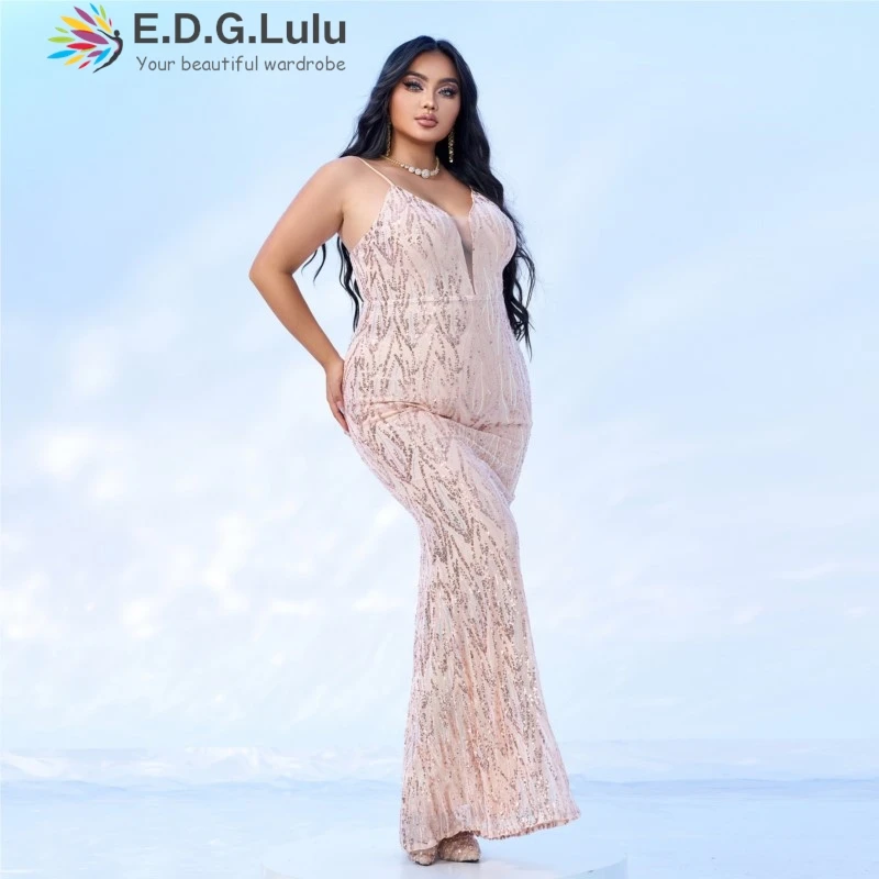 EDGLuLu  Plus Size Women Clothing V-Neck Backless Party Long Dress Women Elegant Party Apricot Print Glitter Sequin Dresses 1130